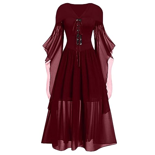 MJGkhiy Halloween Kostüm Gothic Damen Lang Spitzen Mit Schmetterlingsärmel 80er Jahre Kleider Mittelalter Kleidung Damen Große Größen Elegant Partykleid Cocktailkleid Für Halloween Karneval Kostüm von MJGkhiy