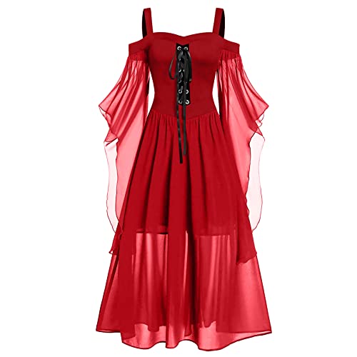 MJGkhiy Halloween Kostüm Gothic Damen Mittelalter Spitzen Mit Trompetenärmel 50er Jahre Kleider Prinzessin Kostüm Damen Schwarz Elegant Rockabilly Kleider Cocktailkleid Punk-Stil Kostüme Vampirkostüm von MJGkhiy