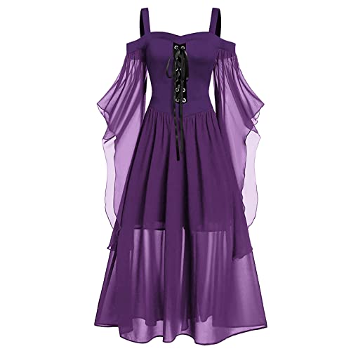 MJGkhiy Halloween Kostüm Gothic Damen Mittelalter Spitzen Mit Trompetenärmel 50er Jahre Kleider Prinzessin Kostüm Damen Schwarz Elegant Rockabilly Kleider Cocktailkleid Punk-Stil Kostüme Vampirkostüm von MJGkhiy