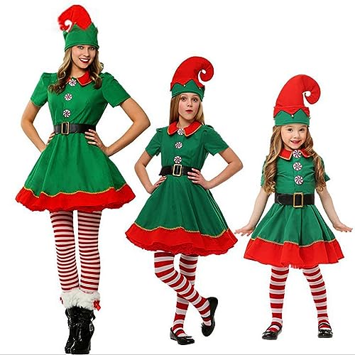 MJGkhiy Weihnachten Familie Kostüm Set Mädchen Elf Kleid Weihnachtsmann Koordiniert Familie Weihnachten Kinder Mädchen Rock Hüte Socken Christmas Santa Kostüm für Weihnachten Karneval von MJGkhiy