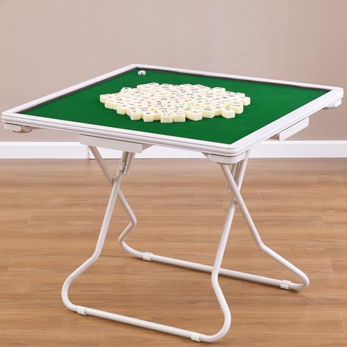 35" Mahjong-Tisch, zusammenklappbarer Kartenspieltisch für 4 Personen mit grüner Filzoberfläche (Holz), Dominotisch mit Schubladen und Getränkehaltern, ideal für Pokerkarten, Mahjong, Brettspiele von MJMLUCK