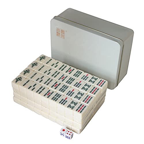 Heiße Mini-Mahjong-Steine 20 mm, klassisches kleines chinesisches Mahjong-Spielset, Tischspiel für 4 Spieler, 144-teiliges Mahjong-Set mit Reisekoffer aus Eisen, komplettes Set als Geschenk/Geburtsta von MJMLUCK