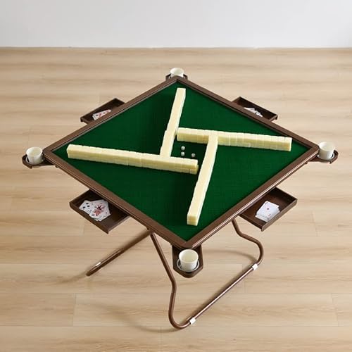 MJMLUCK 35 Zoll klappbarer Mahjong-Tisch, PVC-Kartentisch mit gerader Kante, Getränkehalter und Schublade, quadratischer, ultraschmaler Rahmen, Kaffee (Roségold, groß) von MJMLUCK