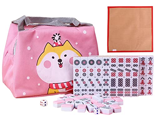 MJMLUCK Chinesisches Majiang-Set mit 144 Melaminsteinen, Mahjong-Steinespiel mit Reisetasche in Tierform, Mah-Jongg-Sets für Familienspiel, 26 mm (1 Zoll), 2 Würfel, Majiang, Pink von MJMLUCK