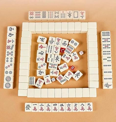 MJMLUCK Mahjong-Set, 2024 Neues Mahjong-Spielset mit Mahjong-Tischdecke und Reisetasche, verschleißfeste Mahjong-Steine aus Melamin in Beige, 144 Mahjong-Steine für Legespiele (36 mm) von MJMLUCK