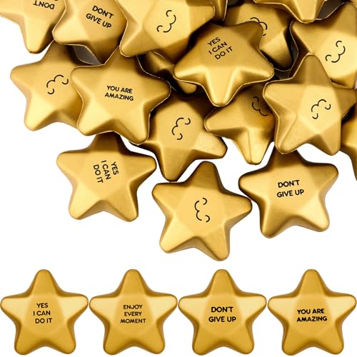 36 Stück 6,1 cm Stern Stressbälle, Mini Lächeln Gesicht Stressbälle, Gold Motivierende Stressbälle Mini Foam Ball Relief Squeeze Balls Star Stress Toys Goody Bag Fillers Stuffers for Adults Student von MJOGGOTT