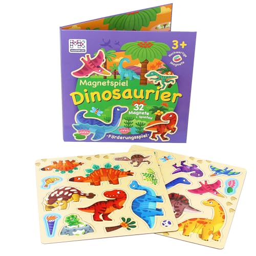 MAGNIKON Magnetspiel Dinosaurier 32 Magnete - Kinder Motorikspielzeug mit großem Spielfeld für die Beschäftigung bei der Autofahrt - Spiel für Unterwegs mit Magnetpuzzlen - Magnetbuch ab 3 Jahren von MK MAGNIKON