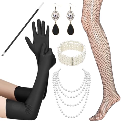 MKKZLPN 6 Teiliges 20er Jahre Accessoires, 1920 Zubehör Set, Vintage Party Kostüme Damen mit Handschuhen Perlenkette Ohrringen Kunststoffrohr von MKKZLPN