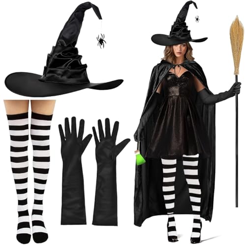 MKKZLPN Hexenkostüm Damen Halloween, Halloween Kostüm Damen mit Hexenhut, Socken, Handschuhe Lang, Halloween Kostüm Damen Hexe für Cosplay und Maskerade 3 Stück von MKKZLPN