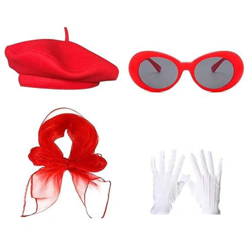 MLWSKERTY 1980er Jahre Französisch Kostüm Set French Berets Hutgläser Schalhandschuhe Französische Künstler Kits Für Halloween Cosplay Carnivals von MLWSKERTY