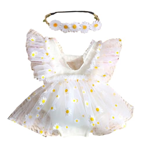 MLWSKERTY Ärmelloses Kleid Gänseblümchen Haarband Set Baby Fotoshooting Kostüm Foto Posieren Requisiten Neugeborenen Fotografie Anzug Zubehör von MLWSKERTY