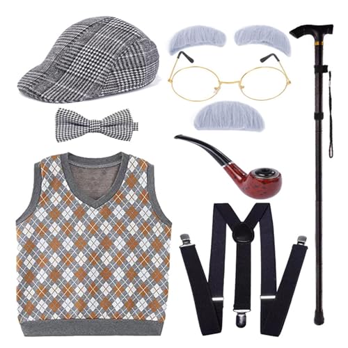 MLWSKERTY Halloween Kostüm Set Alter Kostüm Outfit Weste Schnurrbart Brille Requisiten von MLWSKERTY