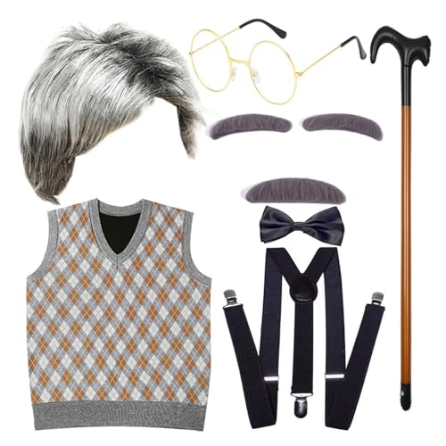 MLWSKERTY Halloween Kostüm Set Alter Kostüm Outfit Weste Schnurrbart Brille Requisiten von MLWSKERTY