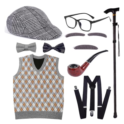 MLWSKERTY Halloween Kostüm Set Alter Kostüm Outfit Weste Schnurrbart Brille Requisiten von MLWSKERTY