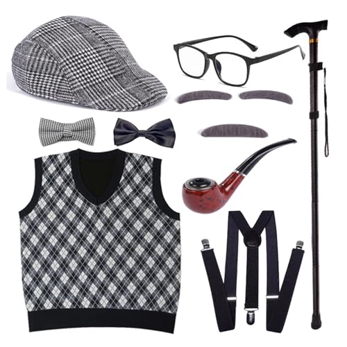 MLWSKERTY Halloween Kostüm Set Alter Kostüm Outfit Weste Schnurrbart Brille Requisiten von MLWSKERTY