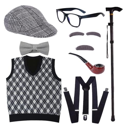 MLWSKERTY Halloween Kostüm Set Alter Kostüm Outfit Weste Schnurrbart Brille Requisiten von MLWSKERTY