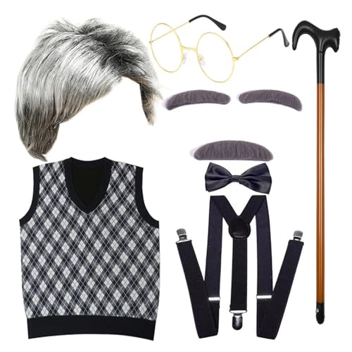 MLWSKERTY Halloween Kostüm Set Alter Kostüm Outfit Weste Schnurrbart Brille Requisiten von MLWSKERTY