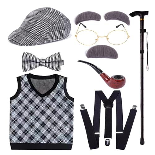 MLWSKERTY Halloween Kostüm Set Alter Kostüm Outfit Weste Schnurrbart Brille Requisiten von MLWSKERTY