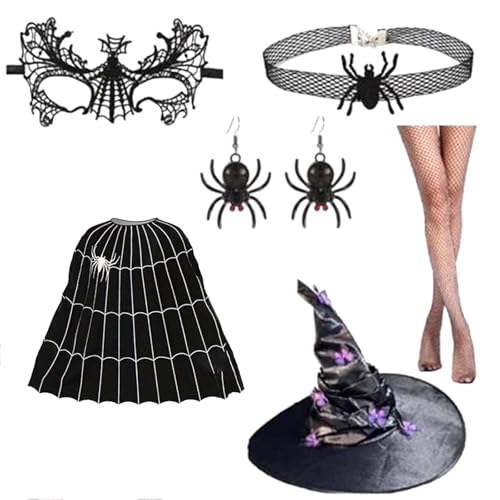 MLWSKERTY Hexenkostüm Set Beinhaltet Witch Cloak Hexenhut Eyemask Halskette Ohrringe Strumpf Für Kid Halloween Cosplay Party von MLWSKERTY