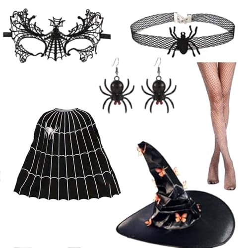 MLWSKERTY Hexenkostüm Set Beinhaltet Witch Cloak Hexenhut Eyemask Halskette Ohrringe Strumpf Für Kid Halloween Cosplay Party von MLWSKERTY