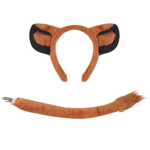 MLWSKERTY Löwen Headban Set Lions Ohrs Haare Haop Plüsch Heck Hund False Nase Tiere Cosplay Kostüm Set Für Halloween Cosplay Party von MLWSKERTY