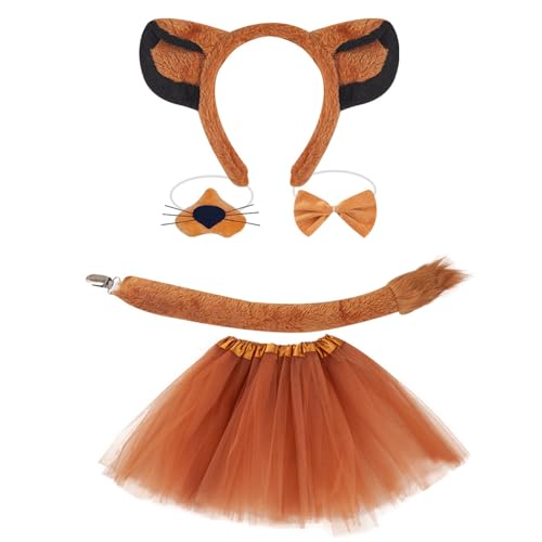 MLWSKERTY Löwen Headban Set Lions Ohrs Haare Haop Plüsch Heck Hund False Nase Tiere Cosplay Kostüm Set Für Halloween Cosplay Party von MLWSKERTY