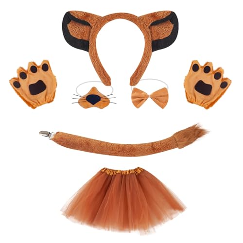 MLWSKERTY Löwen Headban Set Lions Ohrs Haare Haop Plüsch Heck Hund False Nase Tiere Cosplay Kostüm Set Für Halloween Cosplay Party von MLWSKERTY