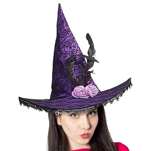 MLqkpwy Halloween-Hexenhut, Halloween-Kostüm, Zauberer-Hut für Erwachsene, mit Spitzenkrempe, Rosenfeder- , Zauberer, Cosplay, Halloween, -Kostüm für Damen von MLqkpwy