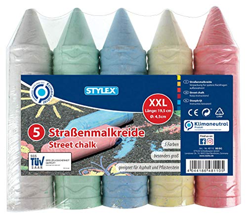 Stylex 48110 - Straßenkreide XXL, extra große Straßenmalkreide für Kinder, 5 Stangen, farbig sortiert, zum Bemalen von Asphalt und Pflasterflächen von Stylex