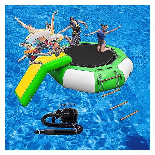 Aufblasbares Wassertrampolin Wasserbouncer Spritzwassergeschützt Gepolsterte Aufblasbare Wassertrampolin Schwimmplattform, mit Rolltreppe und Rutsche, inklusive Luftpumpe von MNOIINM