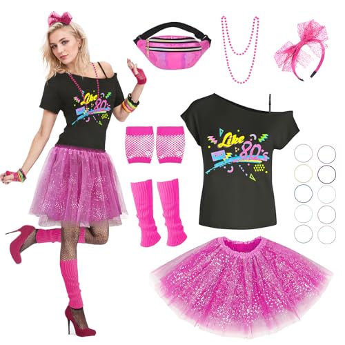 MNPET 80er-Jahre-Kostüm für Damen, 80er-Jahre-Kostüm für Damen, T-Shirt, Tutu-Rock mit Zubehör, 1980er-Jahre-Kostüm-Set für Retro-Mottoparty von MNPET