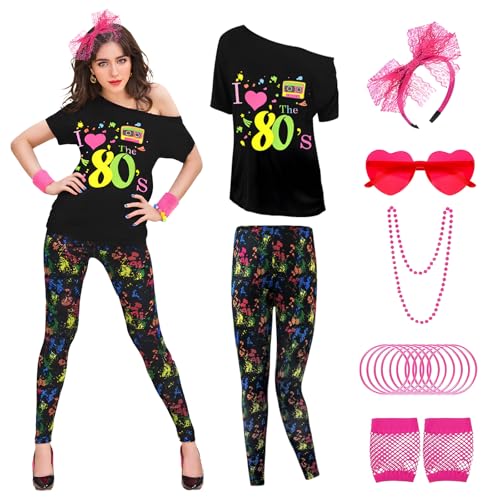 MNPET 80er-Jahre-Kostüm für Damen, 80er-Jahre-Kostüm für Damen, T-Shirt-Druck, Leggings mit Zubehör, 80er-Jahre-Kostüm-Set für Cosplay-Mottoparty von MNPET