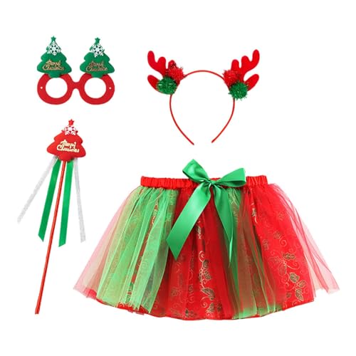 4 Teilig Rentier Kostüm für Kinder, Weihnachten Elf Kinderkostüm mit Grün Rot Tutu Rock Haarreif,Augenklappe Und Zauberstab Mode Rentier Tutu Rock Kinder für Weihnachten, Halloween und Karnevals Party von MNRIUOCII