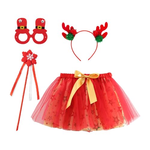 4 Teilig Rentier Kostüm für Kinder, Weihnachten Elf Kinderkostüm mit Grün Rot Tutu Rock Haarreif,Augenklappe Und Zauberstab Mode Rentier Tutu Rock Kinder für Weihnachten, Halloween und Karnevals Party von MNRIUOCII