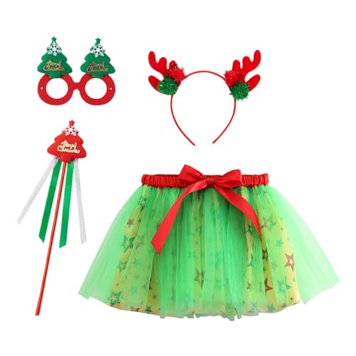 4 Teilig Rentier Kostüm für Kinder, Weihnachten Elf Kinderkostüm mit Grün Rot Tutu Rock Haarreif,Augenklappe Und Zauberstab Mode Rentier Tutu Rock Kinder für Weihnachten, Halloween und Karnevals Party von MNRIUOCII