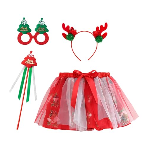 4 Teilig Rentier Kostüm für Kinder, Weihnachten Elf Kinderkostüm mit Grün Rot Tutu Rock Haarreif,Augenklappe Und Zauberstab Mode Rentier Tutu Rock Kinder für Weihnachten, Halloween und Karnevals Party von MNRIUOCII