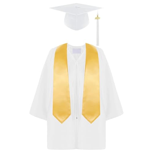 MNSWR Absolventen Robe,Bachelor -Kostüm für Kinder Bachelor Absolventenhut Graduation Hat Hochschule Abschlussfeiern Gown Prüfung Bestanden Outfits Vorschule/Kindergarten(Weiß,10-12 Jahre) von MNSWR