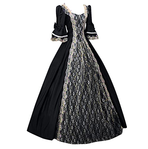 MNSWR Karneval Kostüm Damenn,Renaissancedamen Kleid Mittelalter Karneval Kostüm Damen Warm Mittelalter Kleidung Mit Trompetenärmel Renaissance Schwarzer Ritter Fancy Dress Kostüm Ballkleider Damen Lan von MNSWR