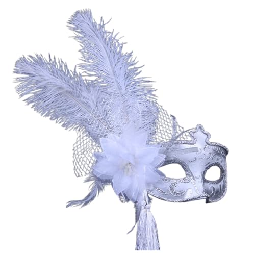 MNSWR Karneval Maske Kostüm,Damen Maskenball mit Federmaske Venezianische-Masken Spitzen Maske Gesicht,Karneval Maske,Silber von MNSWR