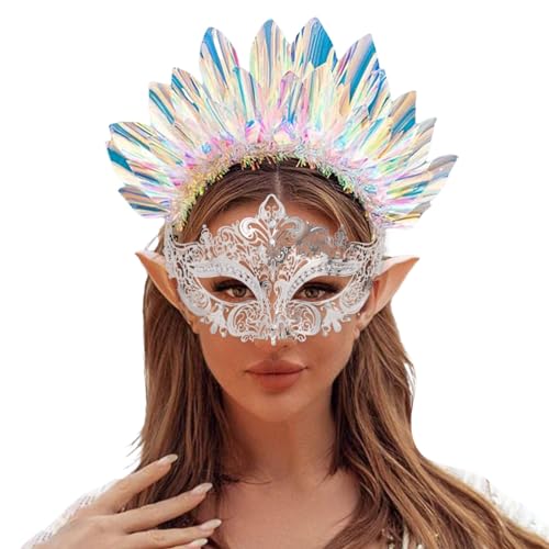 MNSWR Karneval Venedig Maske,Maske für Maskenball Herren Leuchtende Venezianische Maske Federmaske mit Spitzenapplikation für Damen,Erwachsene Mode Metall Maske mit Strass Hochwertige Maskerade Eisen von MNSWR