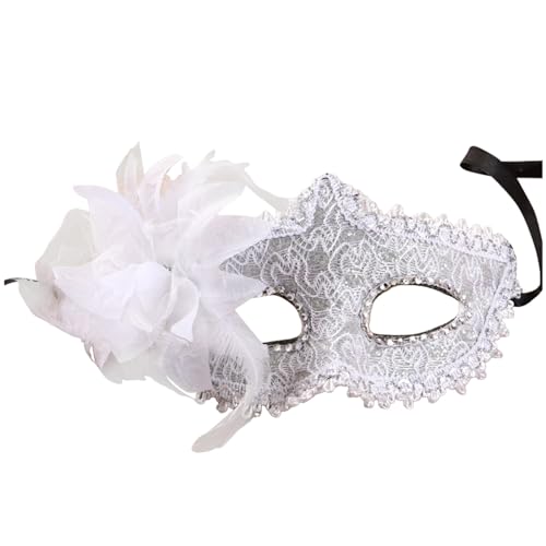 MNSWR Karneval Venetian Mask,Maske Maskenball Frau Venezianische Maske Schwarz Venezianische Masken Schwarz,Damen Fashion Masken High-End Strass Leder Masken Lilie Seite plus Blume Ball Masken,Weiß von MNSWR