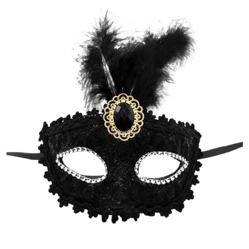 MNSWR Karneval Venezianische Maskerade Maske,Maskenball Maske Damen Schwarz Venezianische Masken Set Schwarz Masken Kostüm,Damen Lace Applique Fabric Medium Feather Adult Mask Prom Performance Karneva von MNSWR