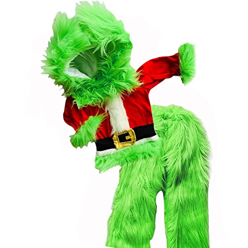 MOBJVIY Kinder Jungen Weihnachten Cosplay Kostüm mit Kapuze Weihnachtsmann Tops Grün Pelziges Monster Outfits (Grün, 7-8 Jahre) von MOBJVIY