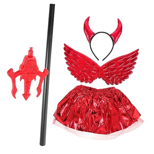 MOBUTOFU 1 Set Halloween Flügel Hörner Kopfschmuck Netzrock Dämon Hörner Dämon Kostüm Zubehör Halloween Teufel Cosplay Teufel Stirnband Cosplay Party Stirnband Rot Tutu Kunststoff von MOBUTOFU