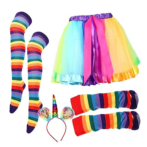 MOBUTOFU Costume Supplies Regenbogenkopfschmuck Socks Kinder Rainbow Adult Headband Tutu High Dekoratives up Skirt Cosplay Gloves Dress Regenbogenkostümzubehör Stirnband Thigh with Striped von MOBUTOFU