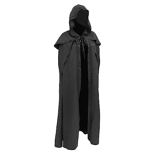 MOBUTOFU Schwarzer Vintage Kapuzenumhang Langer Halloween Cape Für Cosplay Und Partys Unisex Kostü Mittelalterlicher Look Größe von MOBUTOFU