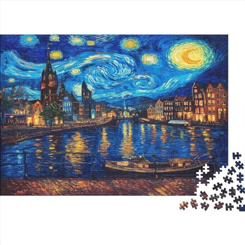 Hölzern Puzzle 2023, Adventskalender Puzzle 500 Hölzern Teile Weihnachtskalender 2023 Männer Frauen Geschenke Jigsaw Puzzle Adventskalender Geschenke - Amsterdamer Sternennacht von MOBYAT