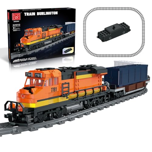 MOCBROPCS Güterzug Bausteine Zug, Burlington Eisenbahn bausatz, mit wiederaufladbarem, motorisierten Arbeitskopf, 2 Waggons, Geschenk für Jungen und Mädchen im Alter von 12–16 Jahren (1065 Teile) von MOCBROPCS