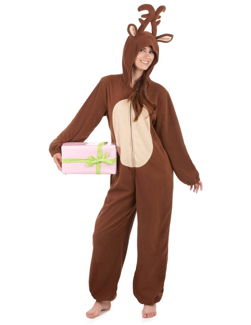 Rentier-Damenkostüm Jumpsuit Weihnachten braun-beige von KARNEVAL-MEGASTORE