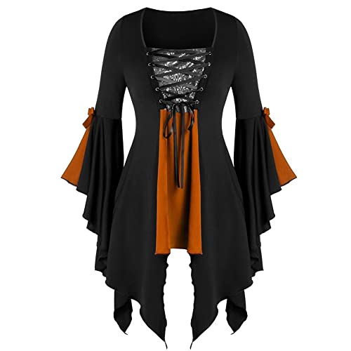 MODIURBAN Damen Halloween Gothic Criss Cross Pailletten Mais ÖSe Bandage TrompetenäRmel UnregelmäßIger Saum Hexenoberteil Rot Halloween Kostüm Orange L von MODIURBAN